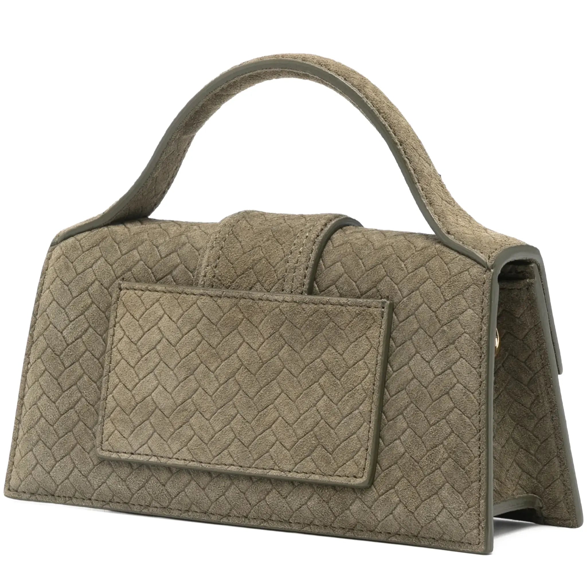 Back Side View of Jacquemus Le Bambino Khaki Suede Top Handle Bag BAW00006 AC39A02-560